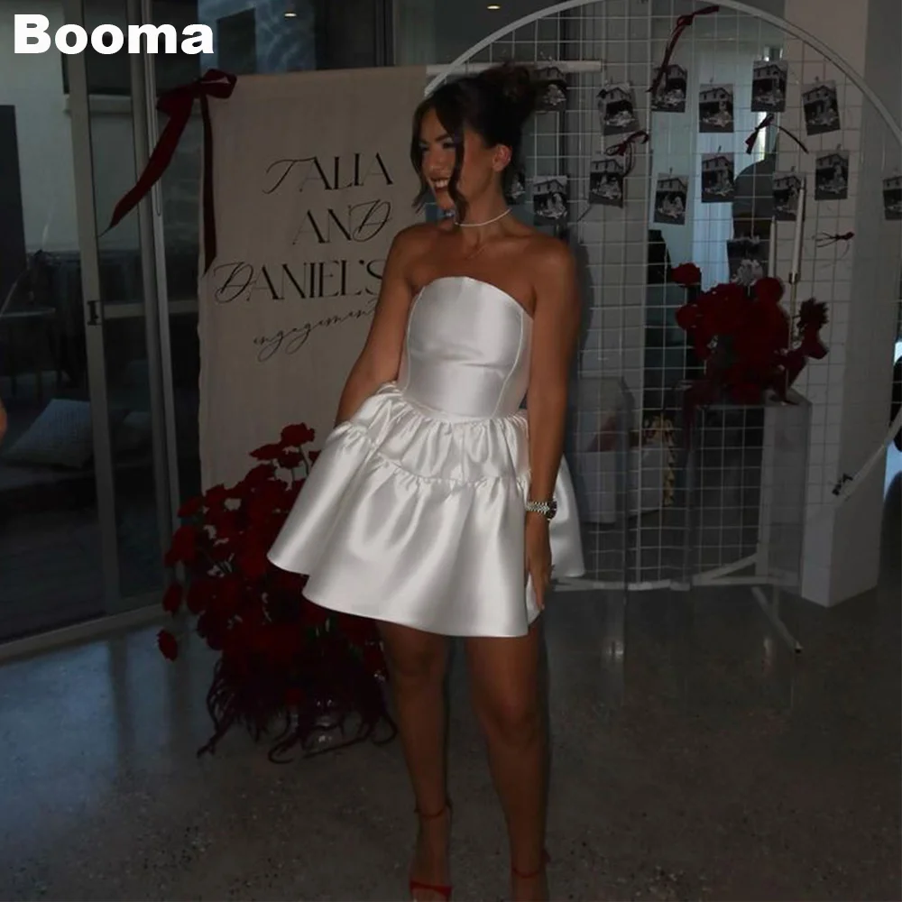 

Booma Simple A-Line Short Wedding Party Dresses Strapless Women's Brides Dresses Ruched Ball Gowns Cocktail Dress Mini Prom Gown