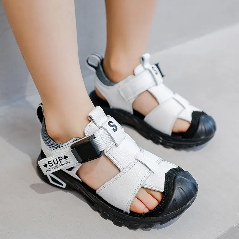 Children Sandals Geniune Leather Soft Bottom Toe Protection Sandals Boy's Summer Non-slip Beach