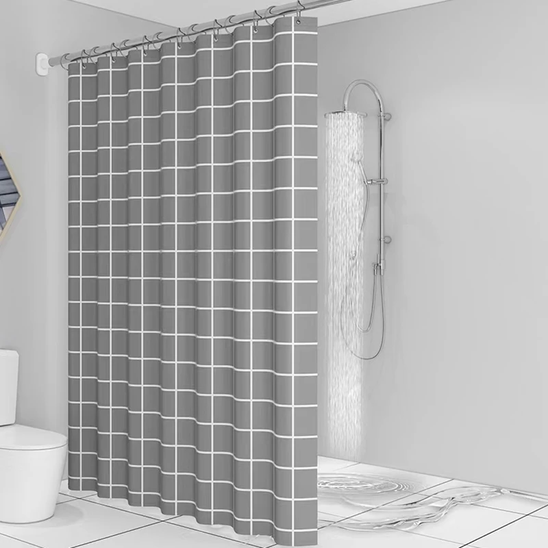 Textured fabric shower curtain 180cm x 200cm gray and white printed plaid with hook shower curtains