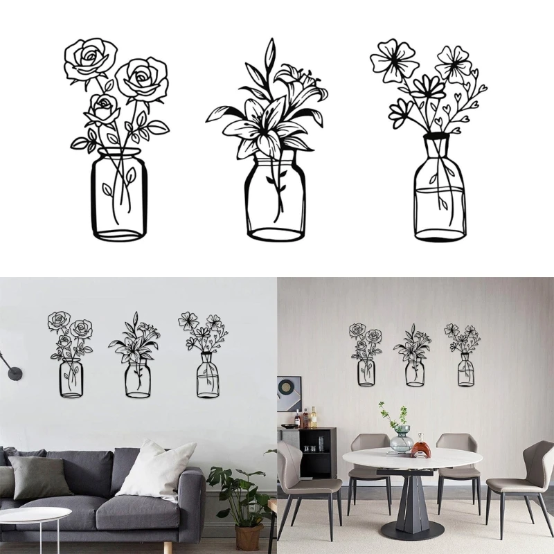 3pcs-Flower-Vase-Metal-Wall-Decor-Black-Iron-Decor-Wall-Sculpture-for-Bedroom.jpg 3Db Virág Váza Fém Fali Dekoráció Fekete Vas Szobor Hálószobához - Image 2