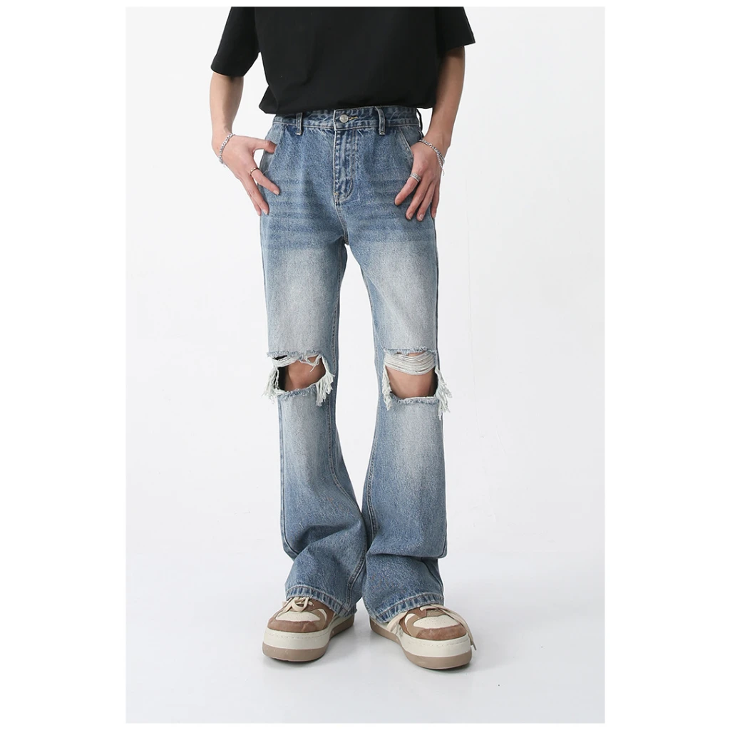 [ PRIMAXIS ]New Korean Men's Casual Long Jeans Classic Man Straight Denim Wide-leg Pants Solid Color Light Blue