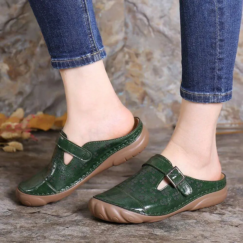 PU Leather Women Slippers Round Toe Summer Hollow Outdoor Flat Shoes Casual Leather Buckle Loafers Shoes Women Sandals WSH4459 women sandals women flats soft sole slippers