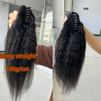 100G/Set Claw Clip In Ponytail Human Hair Kinky Straight Brazilian Raw Remy Human Hair Ponytail Extension Natural Black Color 1