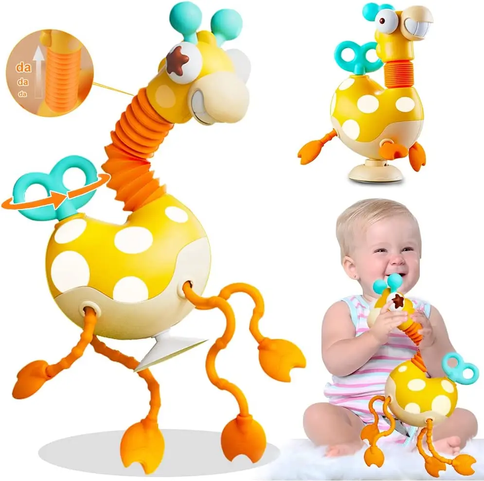 

Baby Sensory Toys Montessori Food Grade Silicone Pull String Activity Toy Giraffe Toy with Twisting Clockwork & Neck Pop Tube