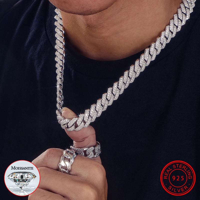 

Mencheese High Quality 14mm Cuban Link Necklace Men Mossanite Sterling Silver 925 Chains Necklaces Hip Hop Jewelry