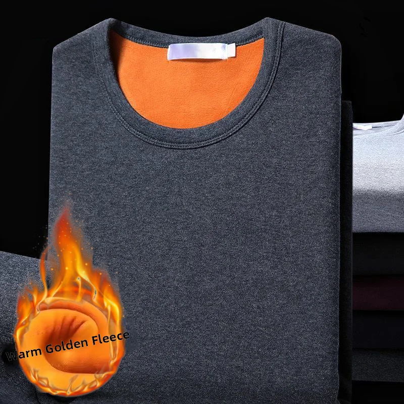 Men's Thermal Underwear Long Sleeve Fleece Lined Thickened Autumn Winter Clothes Warm Inner Wear Cotton Wool Shirt - 2