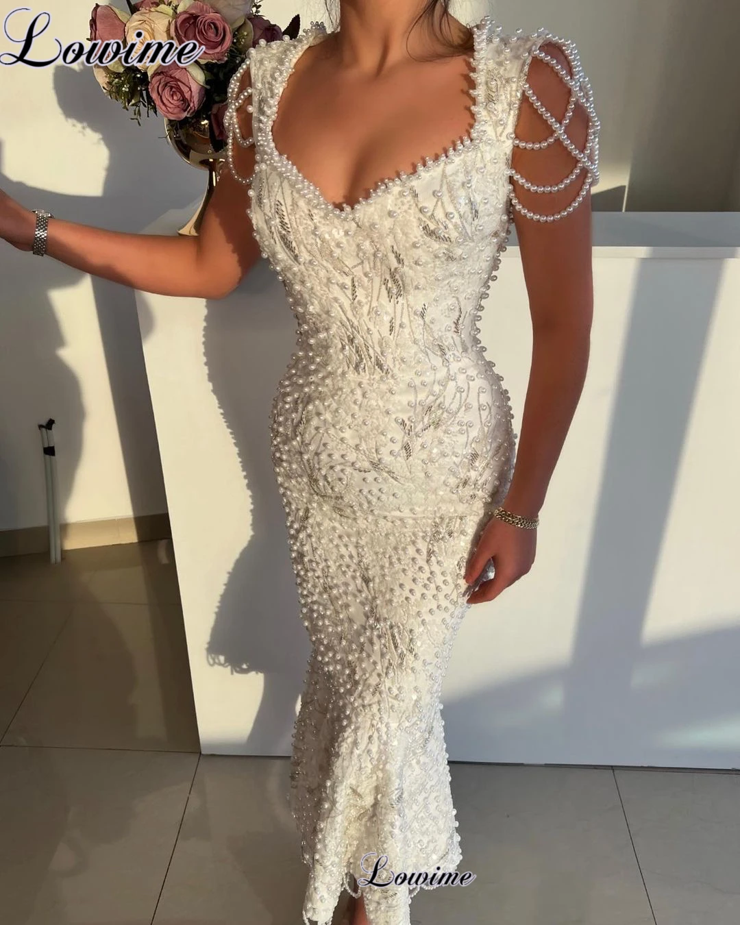 Ivory Elegant Tea-Length Cocktail Dresses Mermaid Pearls Sleeveless Prom Dresses For Women Party Vestidos De C&oacute;ctel