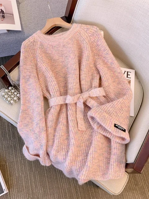 Women's Elegant Lace Up Sweater Dress Autumn Winter 2024 New Soft Loose Round Neck Long Sleeved Pullover Knitted Mid-length Top 4