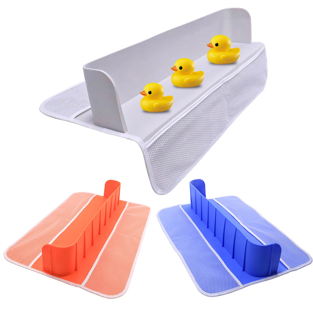 Bathtub Splash Guard Silicone Bathtub Shelf 4 Mesh Pockets Toy Organizer Shelf Storage Rack for Toddlers Kids Baby