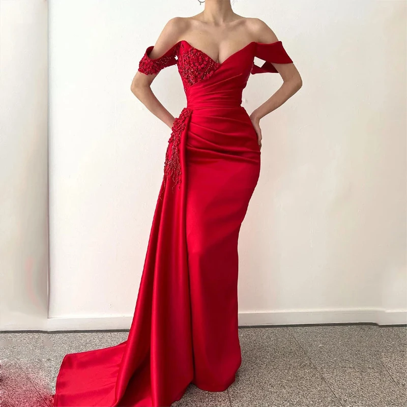 

Red Sexy Off Shoulder Evening Dress 2023 Satin Mermaid Party Dress فستان سهرة Vestido De Novia Beading Fishtail Prom Gown