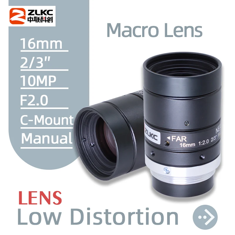 

ZLKC 16mm Fixed Focal Length 10MP C Mount Lens 2/3 Inch Aperture Manual Iris F2.0 FA Macro Lens Low Distortion HD Machine Vision