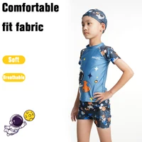 Boys Swimsuit 3-Piece Rashguard Sets Cute Cartoon Print Kids Beach Suit Short Sleeve Swimwear with Swim Hat Toddler BeachWear 4