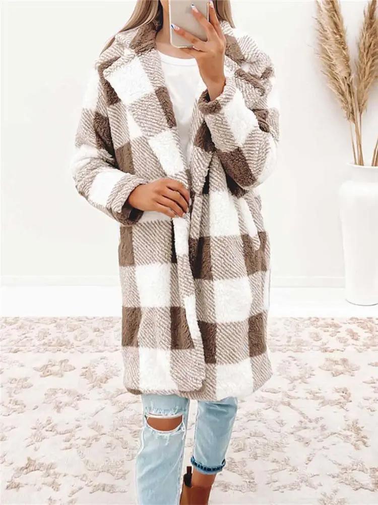 

Women Teddy Sweater Plaid Fuzzy Coat Sherpa Fleece Robe Checkerboard Long Cardigan Winter Luxury Streetwear