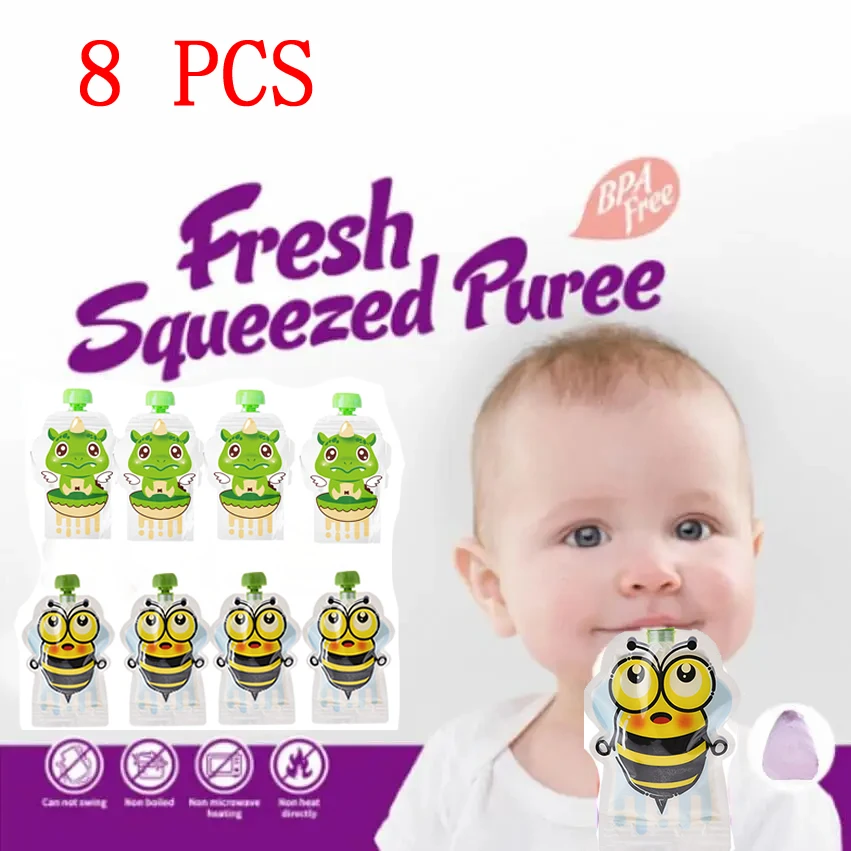 8pcs Baby Complementary Food Bags Reusable 150ml Homemade Fruit Puree Pouches Sealed Random Refillable Screw Cover for Outdoor baby food storage containers food pouch
