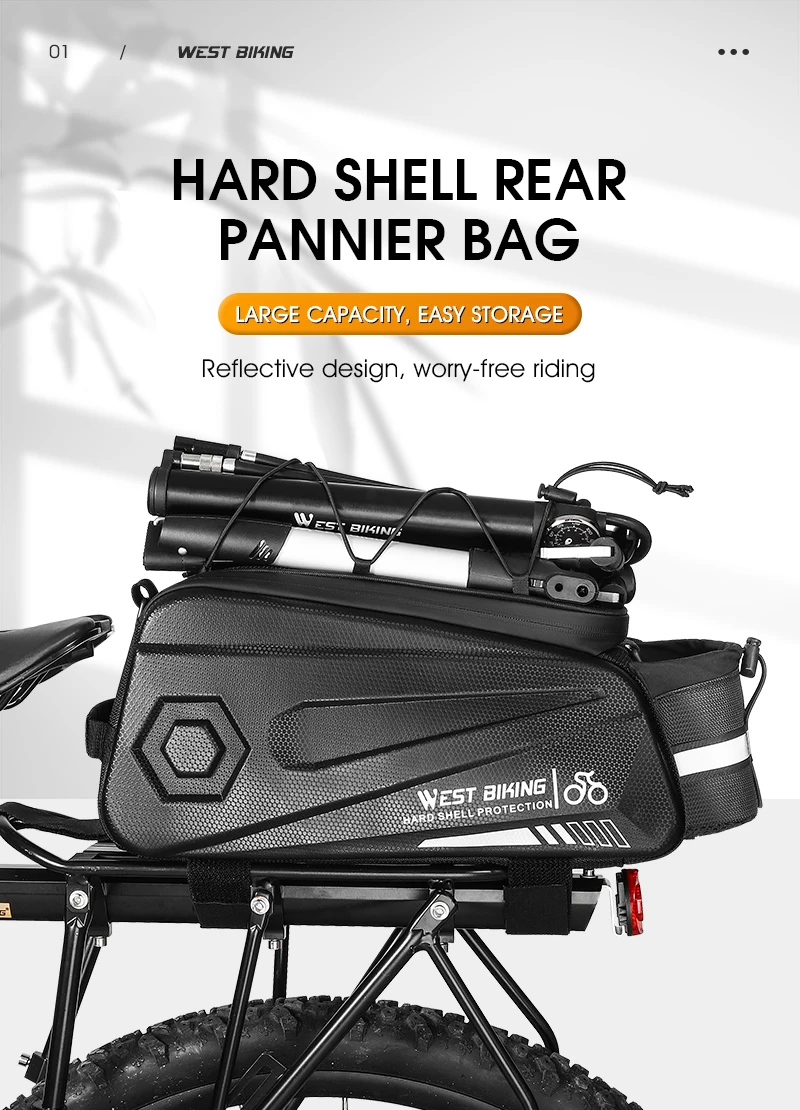 WEST BIKING Hartschalen-Gepäckträgertasche Große Kapazität Reflektierend Superwasserdicht Hintere Sitzgepäckträgertasche Reisetasche MTB Fahrradzubehör – Detail 1