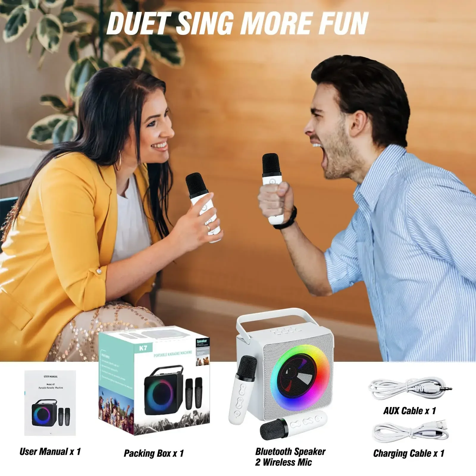 

Dual Microphone Karaoke Machine with RGB LED Light Bluetooth-compatible Speaker 10W HIFI Player with 2 Wireless Microphones