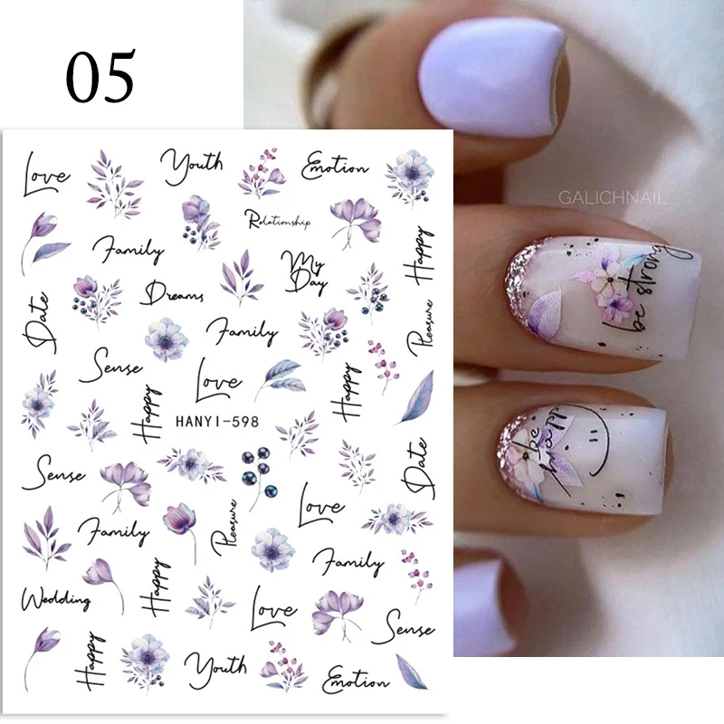 Nail Stickers Nail Art Decoration Nail Decals Flower Stickers 3D Purple Flower Green Leaf Floral Cherry Spring Water Decals Sliders Manicure Butterfly Tips Decor