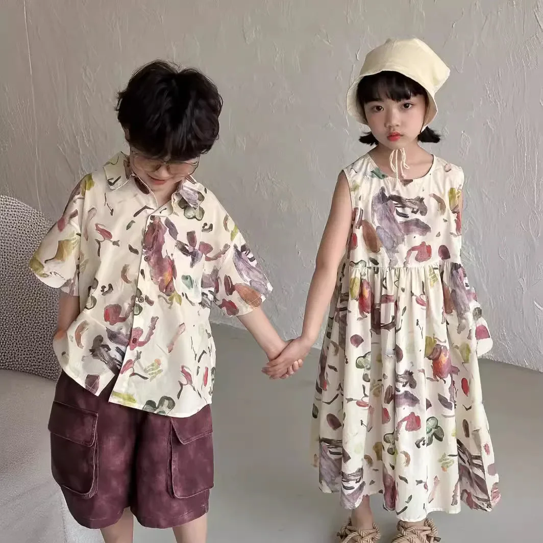 

Matching Brother and Sister Clothes for Twins Boy and Girl Vacation Clothing Korean Children's Clothing Baby Dress Kids Shirts