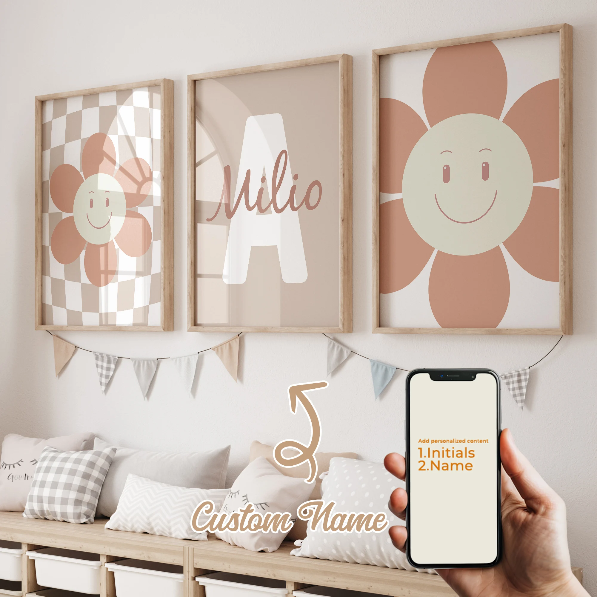 3pcs Personalized Custom Name Cartoon Pink Daisy Wall Art Print Picture Canvas Poster Painting For Living child Room Home Decor 4