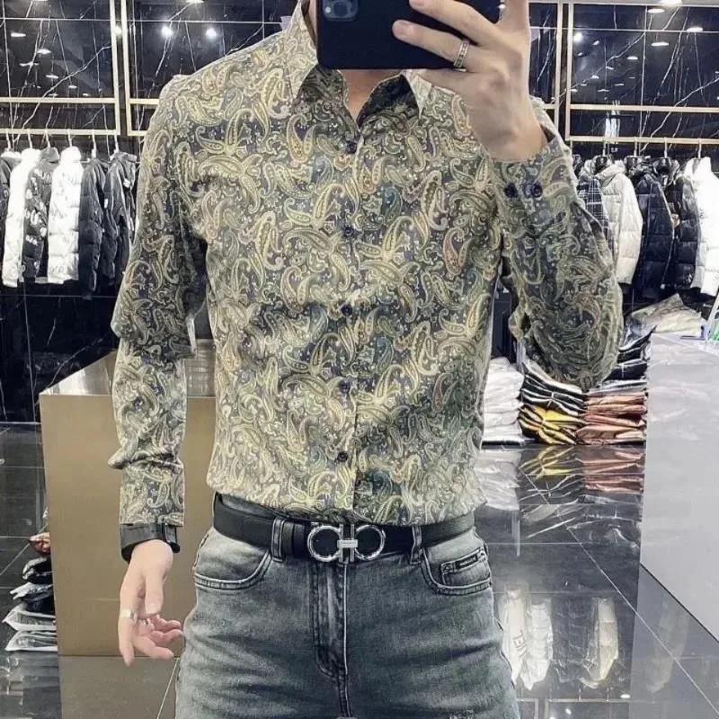 2023 Spring and Autumn New Men's Fashion Trendy Printed Shirt Slim Square Collar Contrast Color Long Sleeve Button Cardigan Tops foreign trade original order spain new women s shirt printed square neck patch loose stripe casual shirt fashion