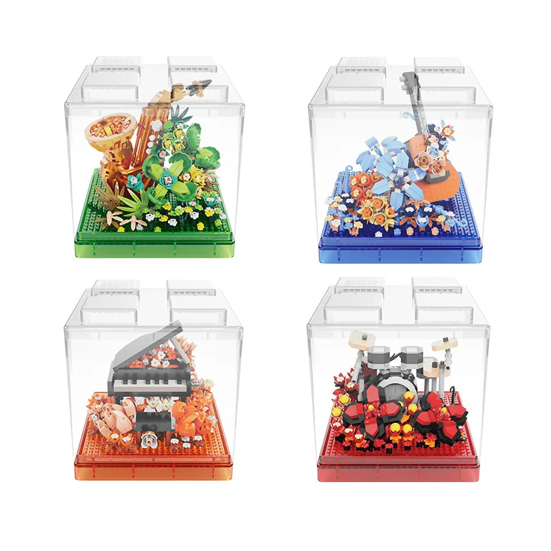 Creative Flower Box Mini Block Music World Strumenti Musicali Building Brick Violino Sax Piano Drum Set Toy Collcetion Per Regali