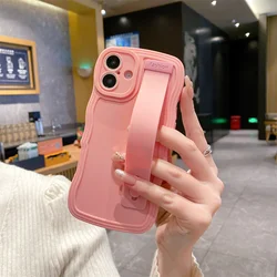 Wave Curly Wrist Strap Stand Liquid Silicone Candy Case - Soft Cover with Wristband Bracket - iPhone 12 Pro (Pink)