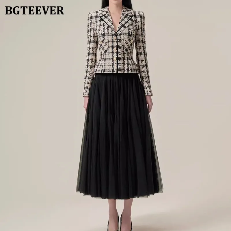

BGTEEVER весенний винтажный женский пиджак с длинным рукавом однобортный твидовый пиджак женские юбки А-силуэта с высокой талией