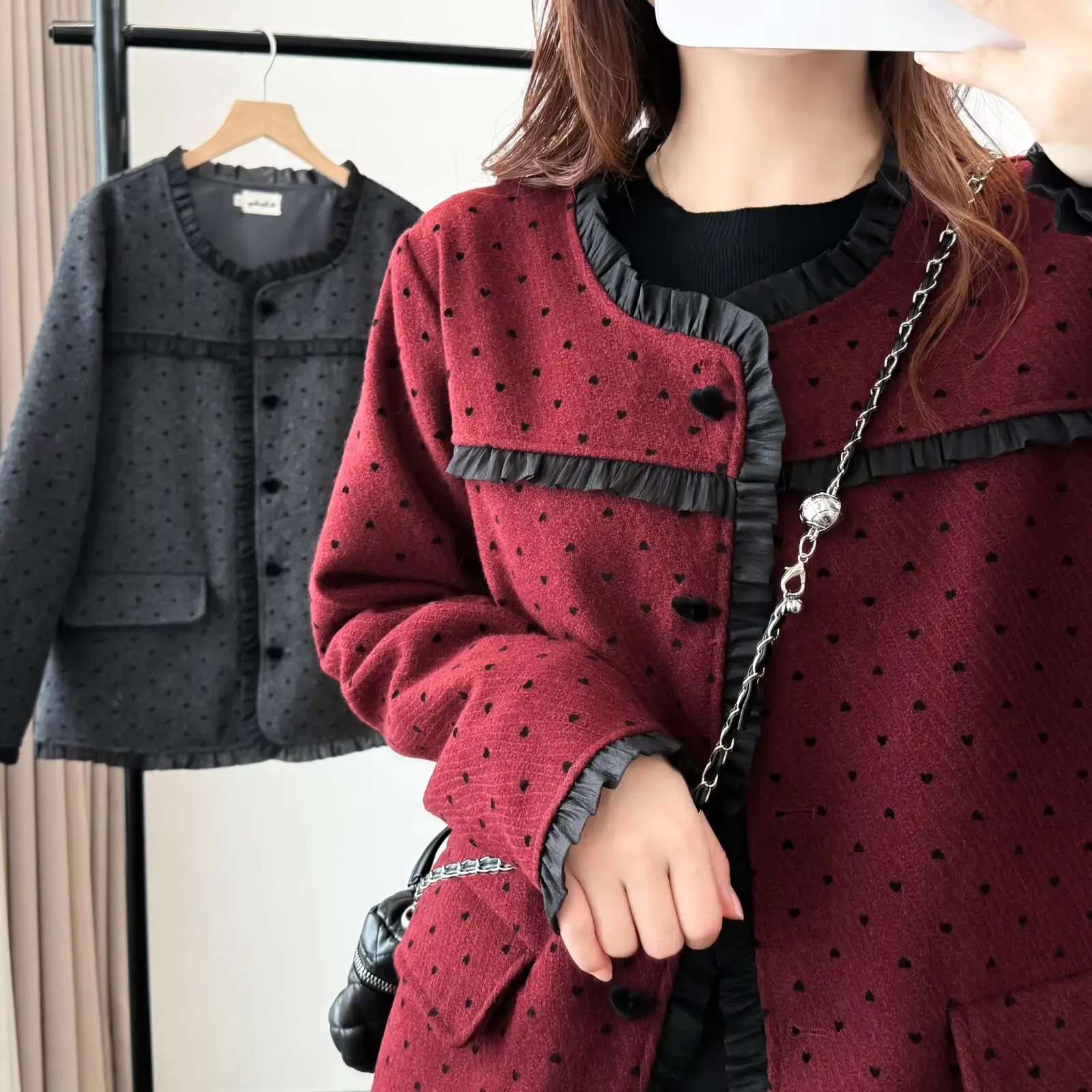 XXXXL Fashion Plus Size Women's Woollen Coat 2025 Autumn New Lace Polka Dot Tweed Jacket 546