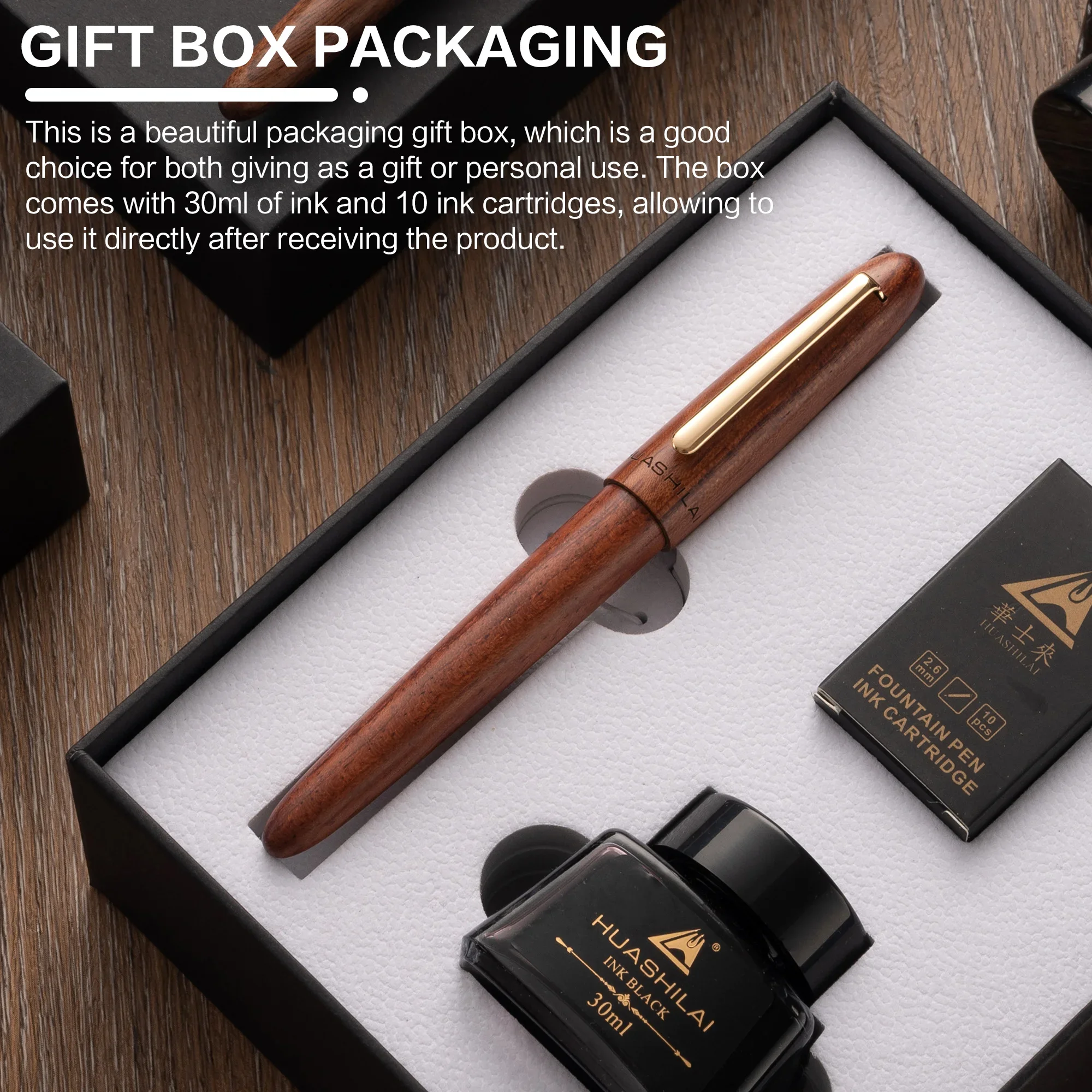 Exquisites Luxus-Füllfederhalter-Set – 0,7 mm 24K vergoldete Spitze, Füllfederhalter aus reinem Holz mit drehbarer Kappe, inklusive 30-ml-Tinte – Detail 2