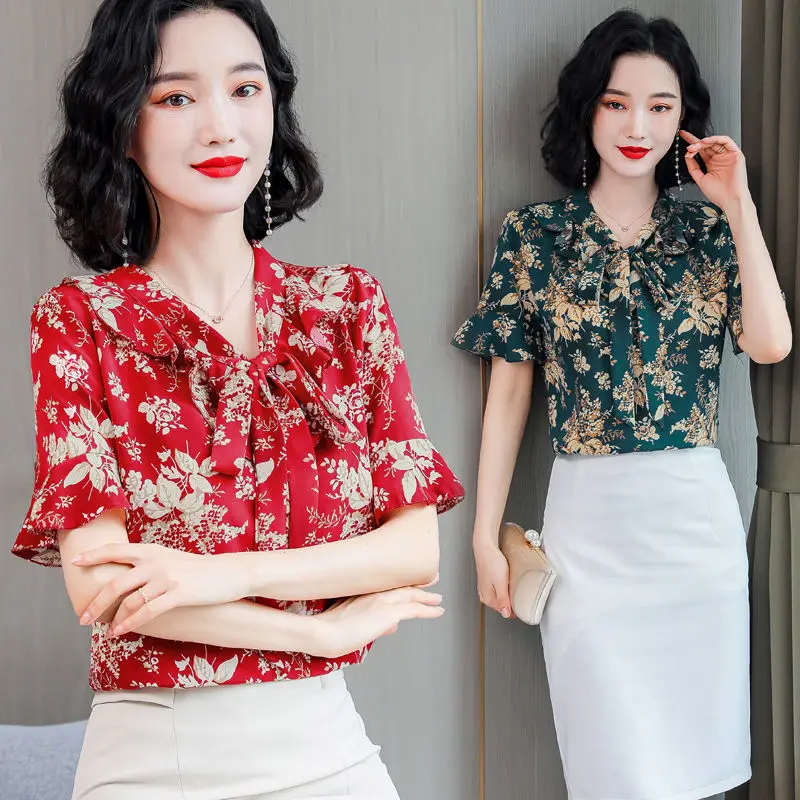 

Women's Floral Short Sleeved Chiffon Blouse, Mother's Shirt, Belly Covering, Foreign Style, Lotus Leaf Sleeve, Summer Fashion