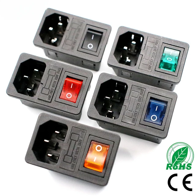With 10A Fuse! Red Rocker Switch Fused IEC320 C14 Inlet Power Socket Fuse Switch Connector Plug Connector Red Green Blue Black 1