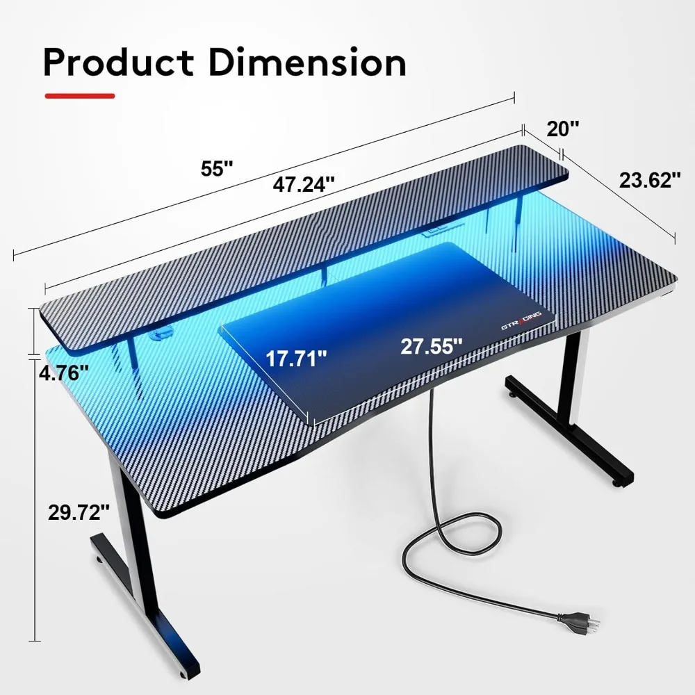 55 Inch Gaming Desk With LED Lights Ergonomic Carbon Fiber Surface Gaming Table With Power Outlet and Mouse Pad for Home Office