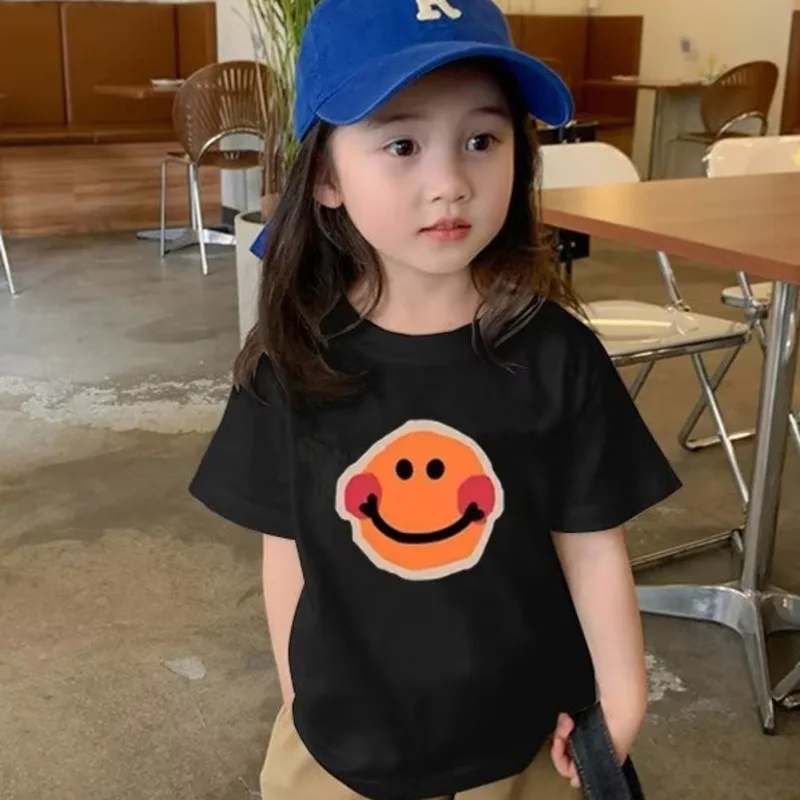 

Children's Smiling Face Temperament Ins Fashion Brand T-shirt Summer Trend Lazy Women's Hong Kong Style 5/4 Sleeve Round Neck