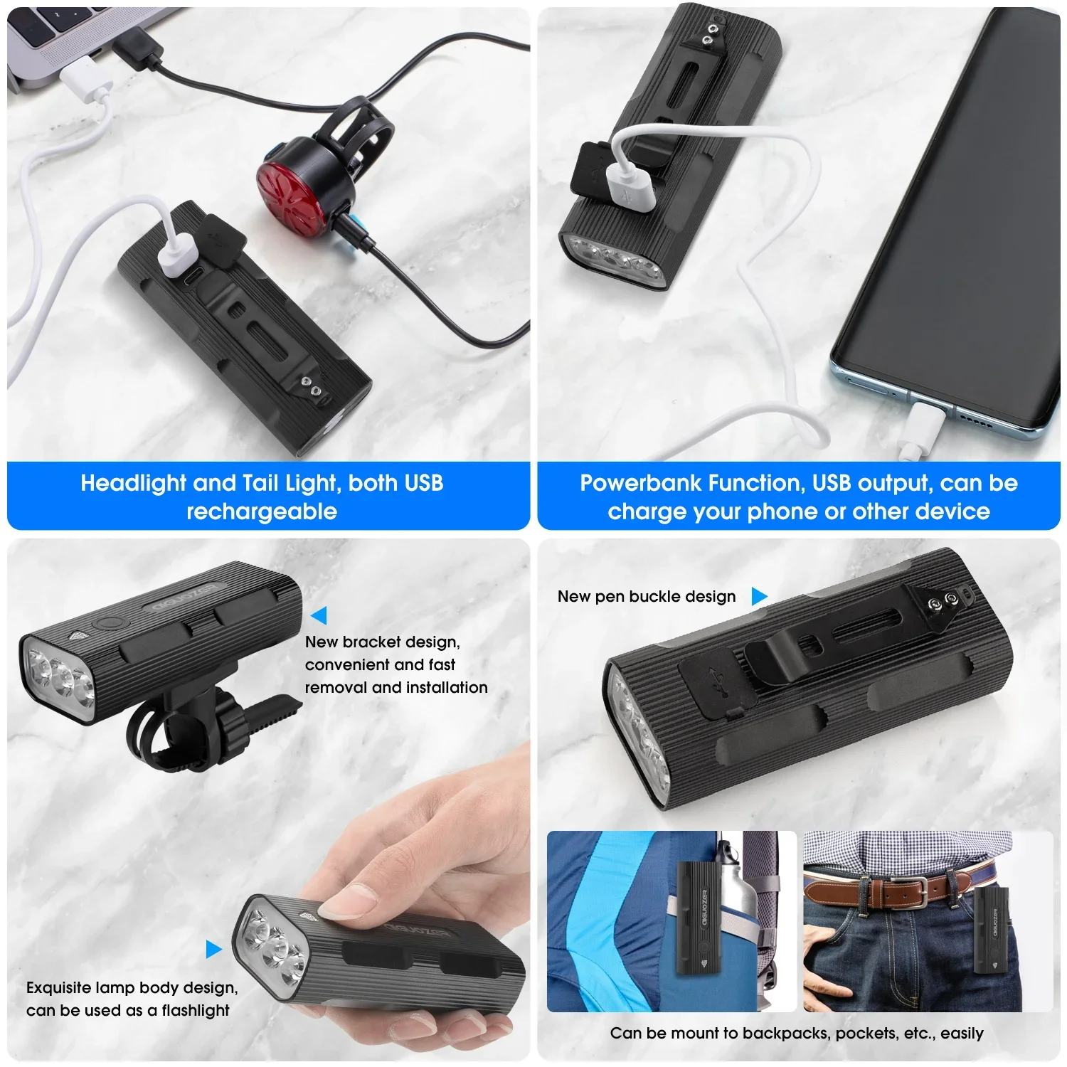 Bike Light Set Front Light with Taillight USB Rechargeable 5200mAh Motor Bike Headlight Protable Power Bank Flashlight LED Lamp