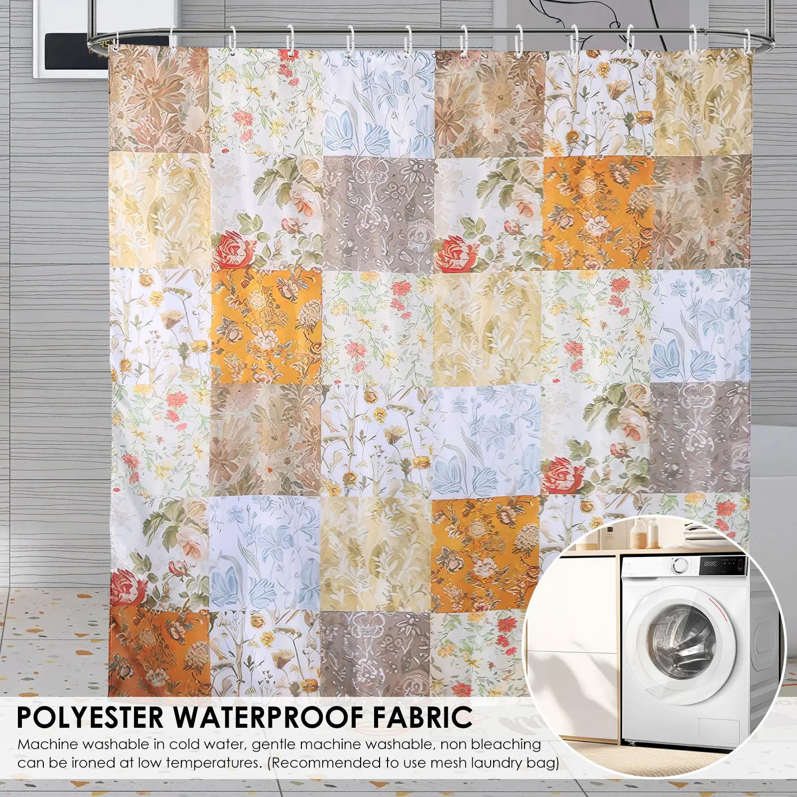 Floral Print Shower Curtain Waterproof Polyester Bath Curtain with 12 Plastic Hook 71x71 Inch Mid Century Style Window Curtains