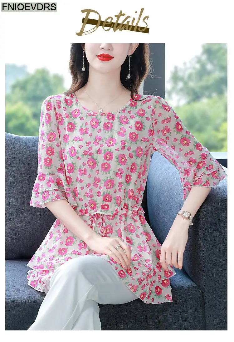 S-4XL Loose Clothes 2023 Women Summer Short Sleeve Elegant Ruffles Shirts Casual Chiffon Floral Tunic Peplum Tops And Blouses