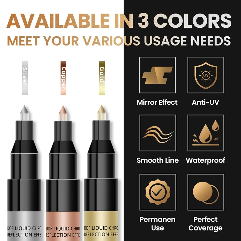 Permanent Marker Pen 1Pcs Chrome Mirror Marker Pen 0.7mm 1mm 2mm DIY Reflective Paint Pen Gold Silver Copper Marker Model Painting Marking