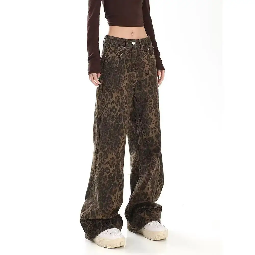 

Джинсы женские оверсайз с широкими штанинами, недорогие брюки из денима с леопардовым принтом, уличная одежда в стиле хип-хоп, винтажная свободная повседневная одежда