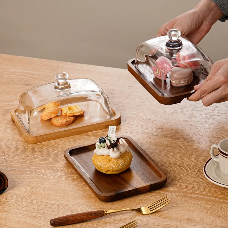 Wood Butter Dish Glass Lid Stick Butter Storage Organizer Cream Cheese Serving Plate Dishes Small Fruits Dessert Cake