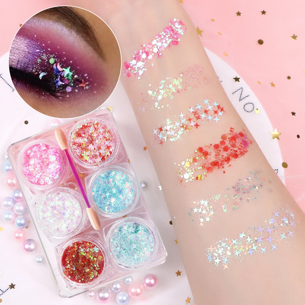 6Pcs/Set Eye Glitter Gel for Child Girl Diamond EyeShadow Sequin Gel Cream Heart/Star/Moon Makeup Party Face Body Decorations#MA 3