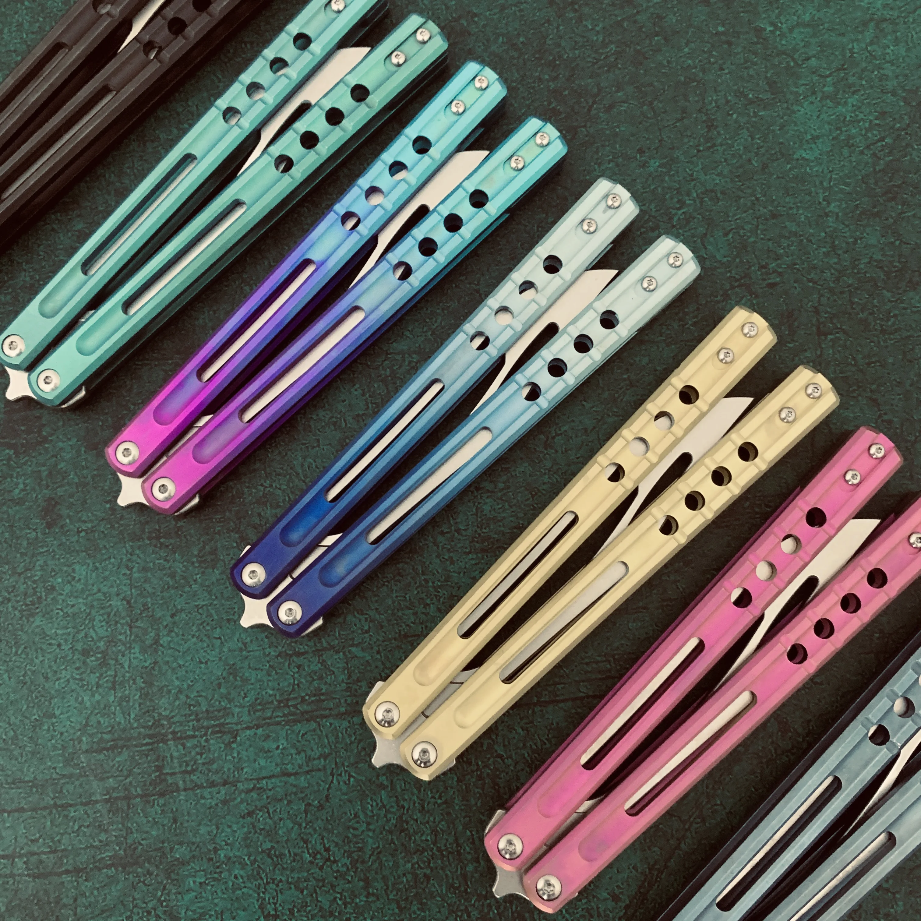 JK Design Orca TheOne Clone EDC Balisong Trainer Titanium Sandwich Handle Butterfly Training 