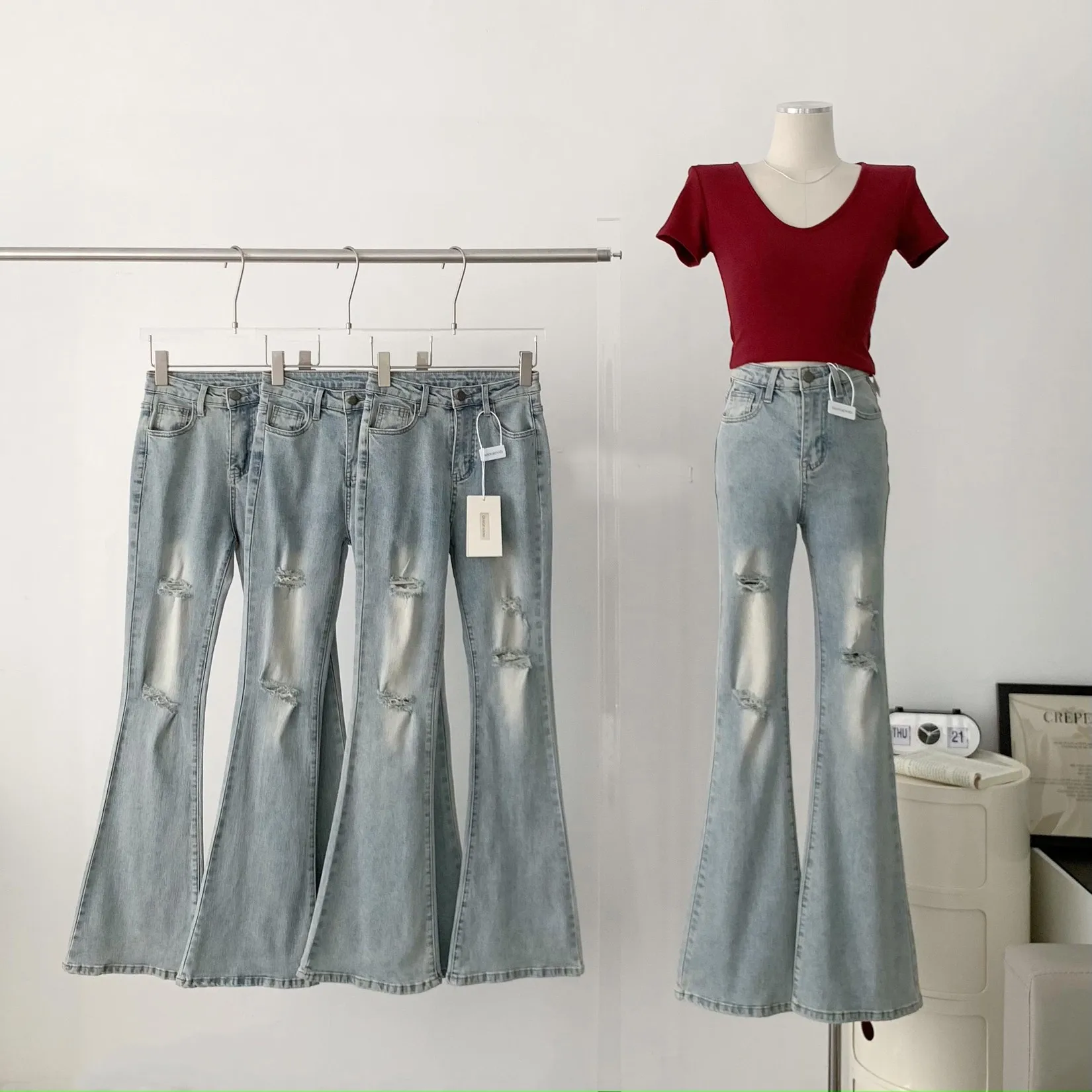 vintage chic high waist slim flare jeans for women spring summer streetwear pale blue long denim pants lady micrp flare jeans Women's Chic Ripped Holes Flare Jeans Lady Spring Summer High Waist Skinny Boot Cut Long Jeans Streetwear Vintage Denim Pants