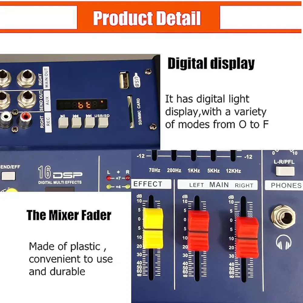 M602D 디지털 믹서 콘솔 오디오, 팬텀 파워 믹서, USB 6 채널 앰프, 전문 오디오 DJ 믹서, 사운드 시스템, 48V