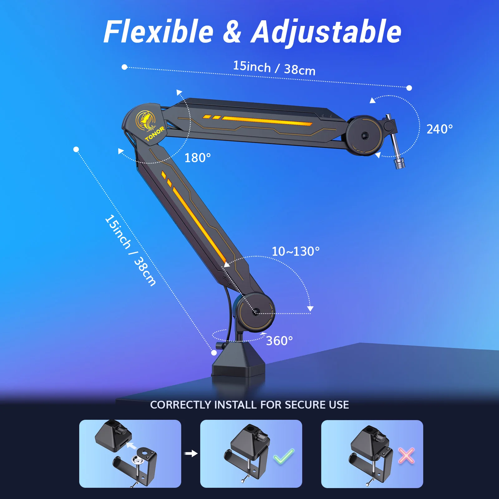 RGB Boom Arm Adjustable Mic Stand with RGB Light 5/8&rsquo;&rsquo; Screwadapter Rotatable Suspension Boom Scissor Stand