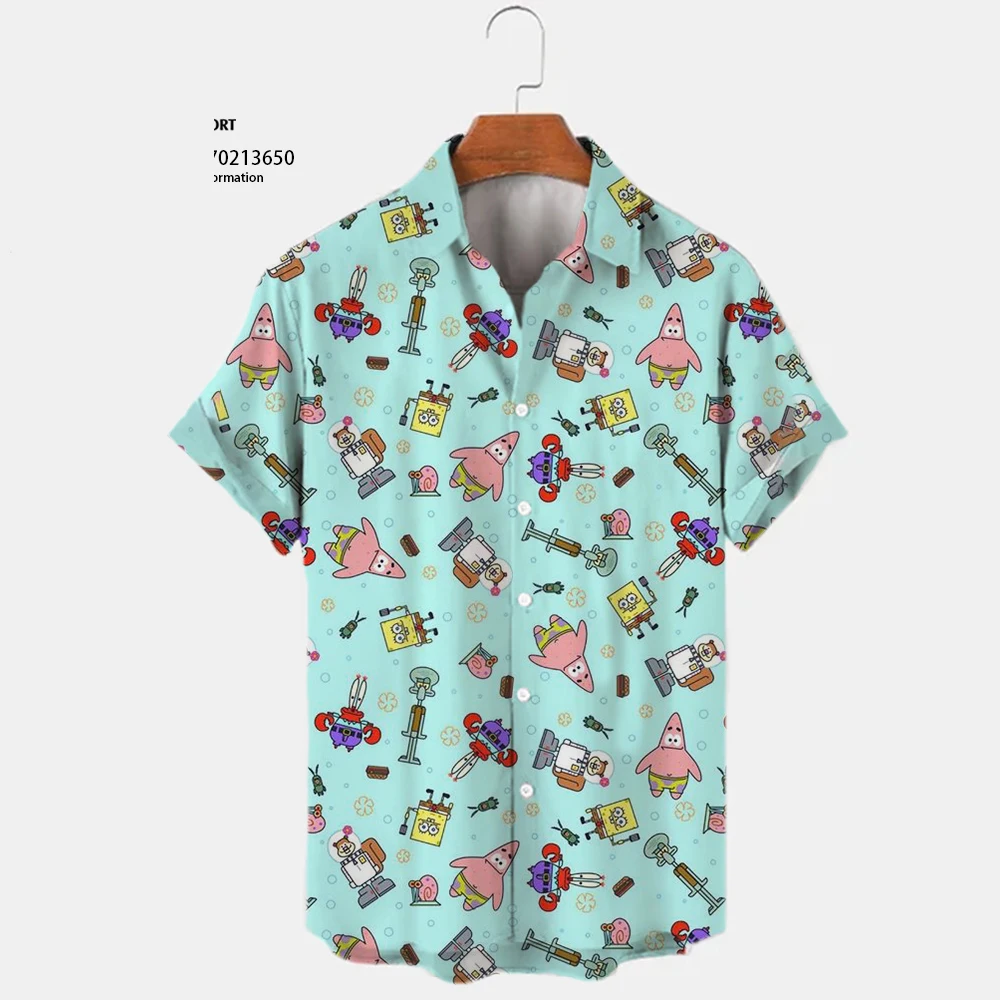2024 Summer New Harajuku Casual Shirt Cute Spongebob Anime Street Trend Versatile Men's Lapel Short Sleeve Shirt 4
