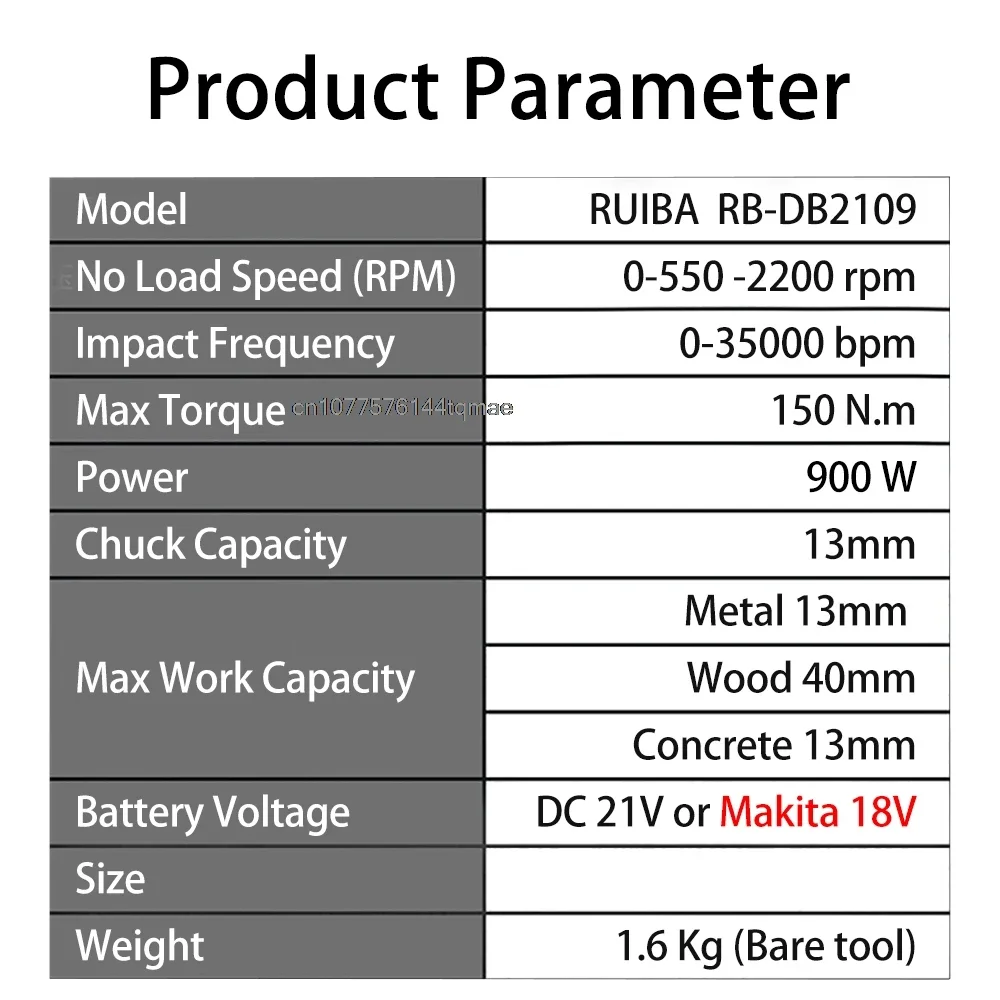 RUIBA 브러시리스 드릴 무선 스크루 드라이버 2200rpm 150N.m 토크 전력 무선 Makita 18V 리튬 배터리 도구