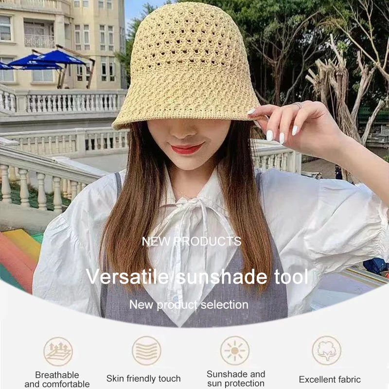 Bucket Hat Spring Summer Hollow Knitted Solid Color Sunhat Fisherman Casual Foldable Beach Cap