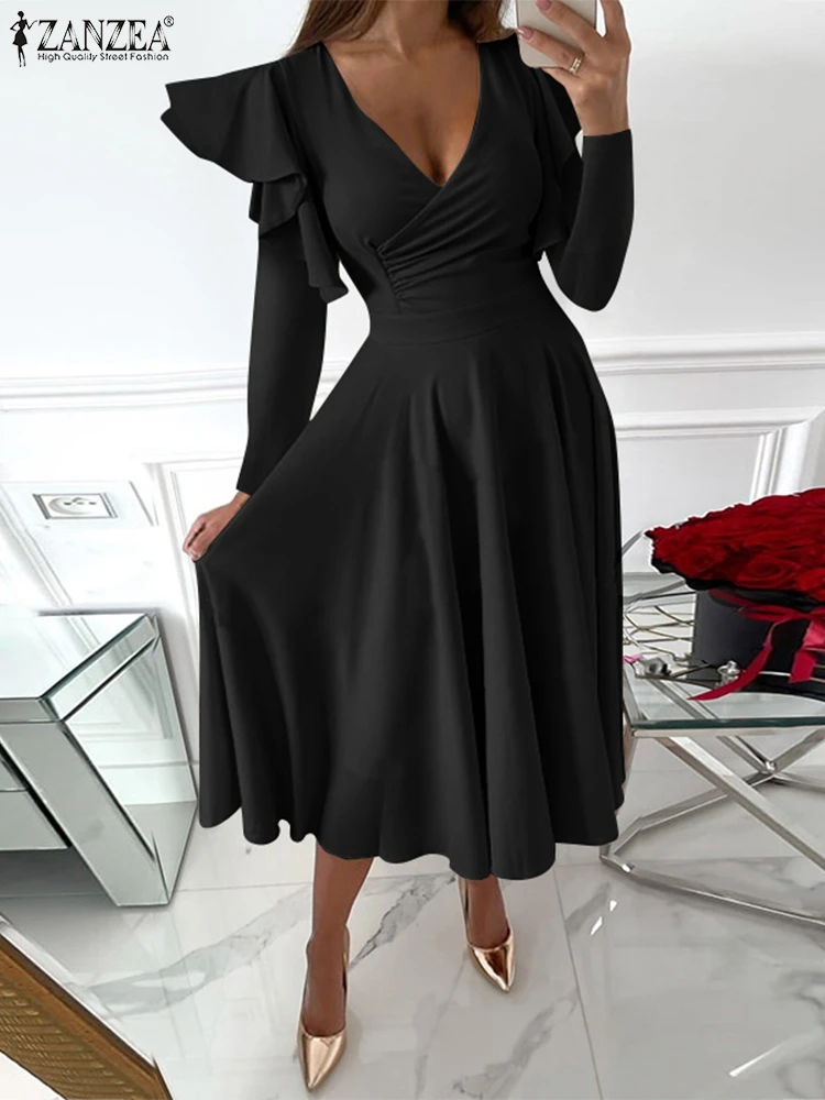 

ZANZEA Fashion Party Dress Ruffles Stitching Sexy Midi Dress Ruched Solid Robes Women Long Sleeve Elegant V Neck A-line Vestidos