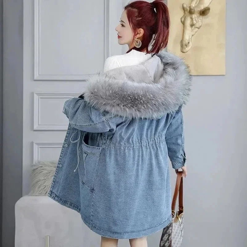 Women\'s Jeans Coat 2023 New Winter Coats Thick Wool Denim Jacket Korea Loose Hooded Fur Collar Long Clothes Outerwear Female