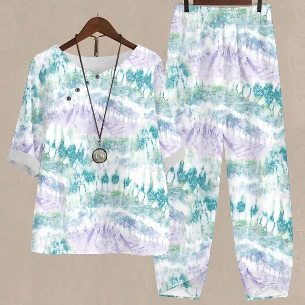 

Легкий Женский костюм, женский костюм из футболки и брюк, Женский комплект из топа и брюк с принтом и пуговицами в стиле ретро, с эластичным поясом